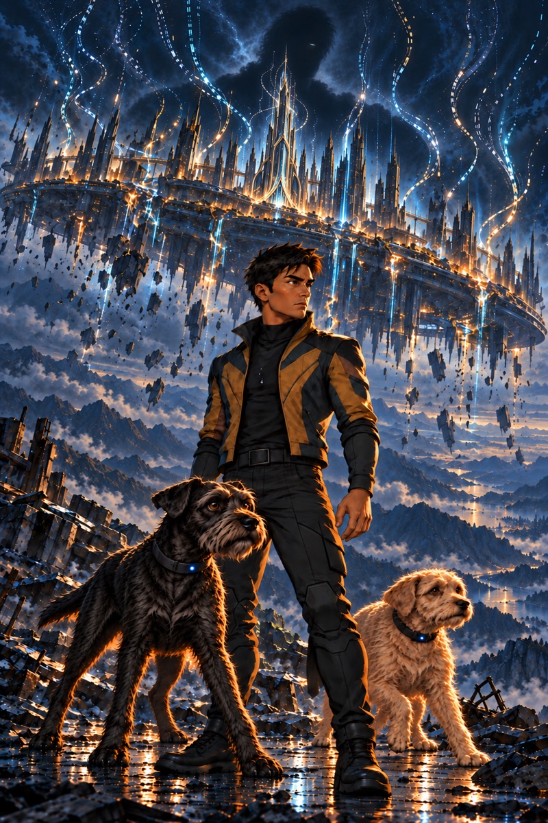 Ærik con Hope y Max frente a la ciudad de Nyvera, deshaciéndose en el cielo
